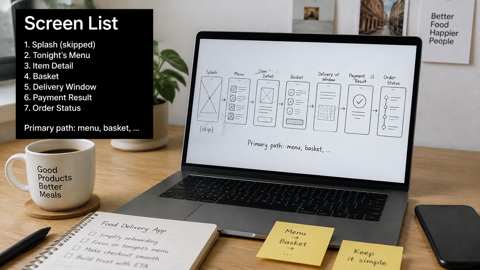 A professional desk setup featuring a laptop displaying a food delivery app wireframe design flow.