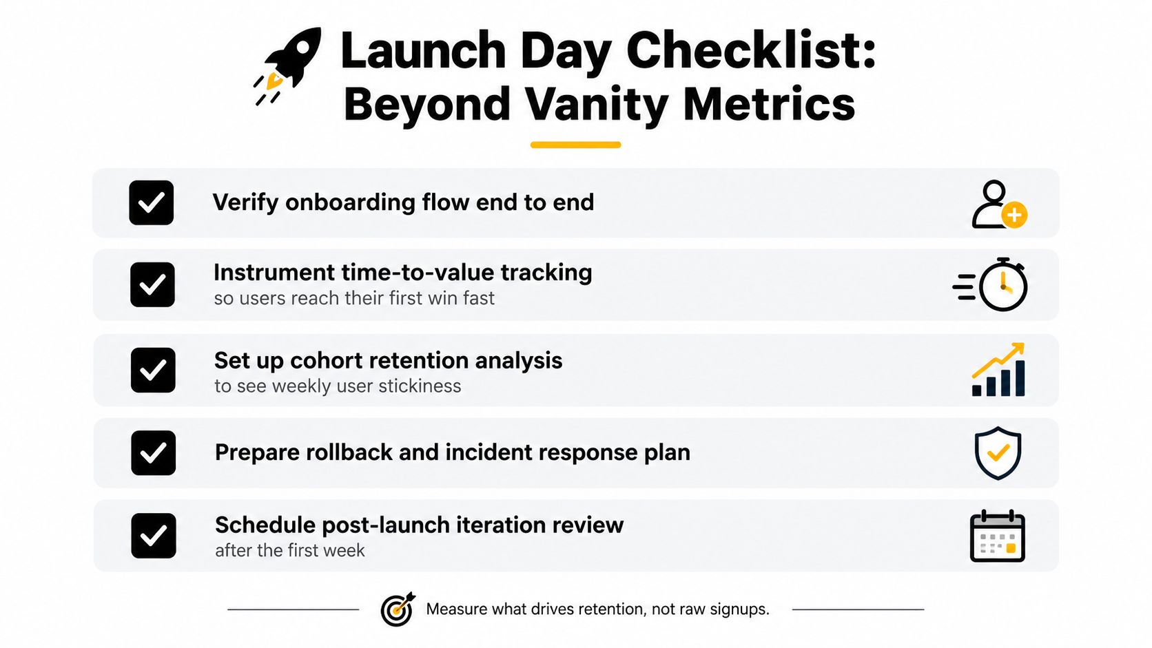 A checklist graphic titled Launch Day Checklist for SaaS teams focusing on retention over vanity metrics.