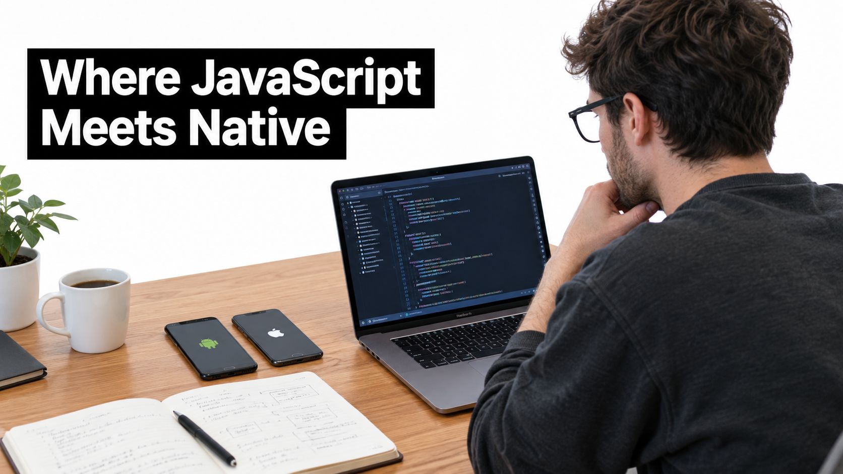 A male software developer working on React Native code on his laptop at a wooden desk.