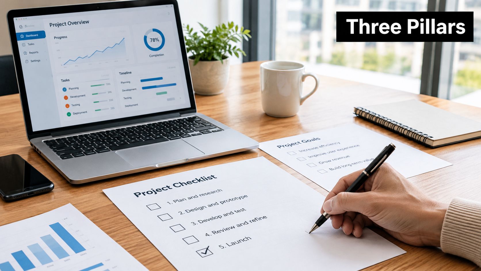 A person writing on a project checklist next to a laptop displaying project management software dashboards.