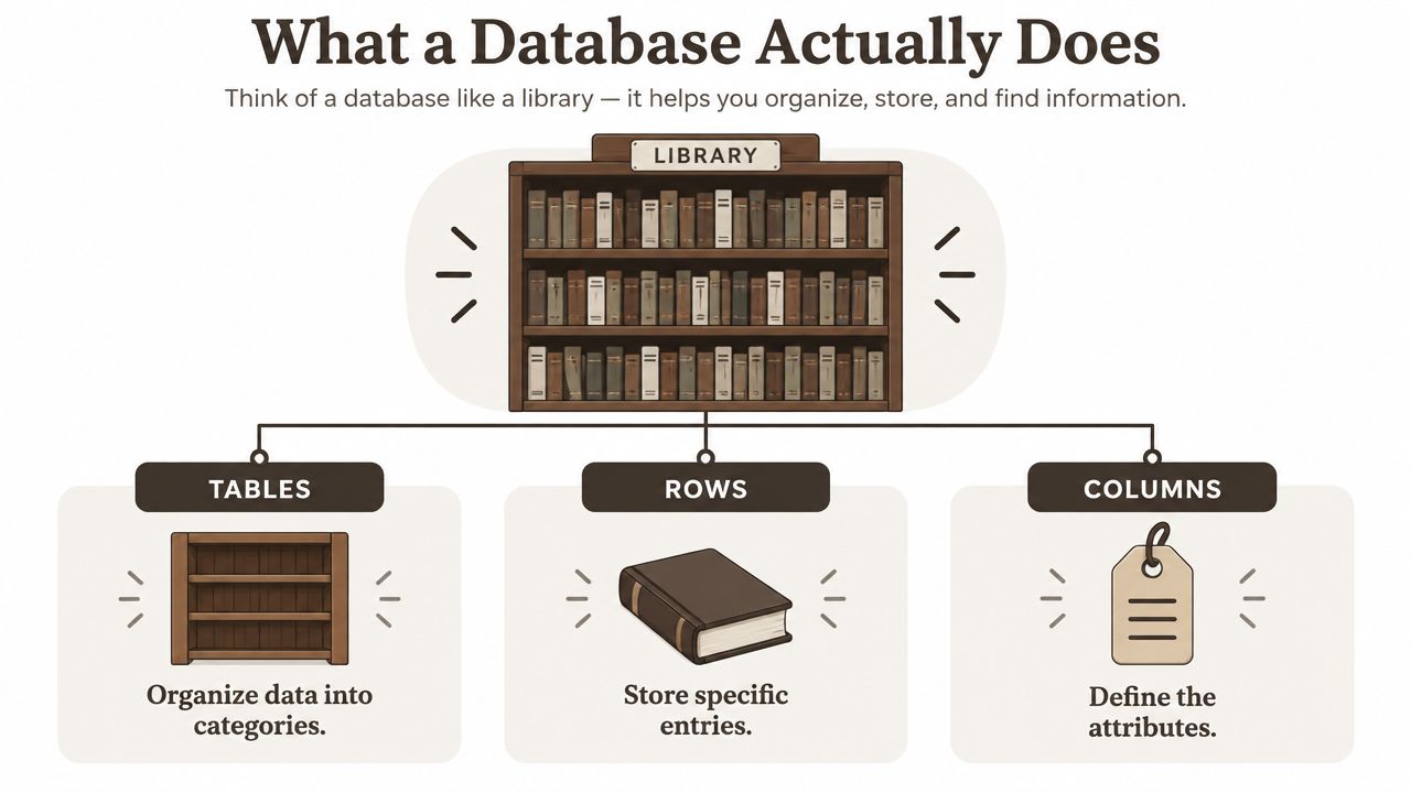 A diagram comparing a database to a library with sections for tables, rows, and columns.