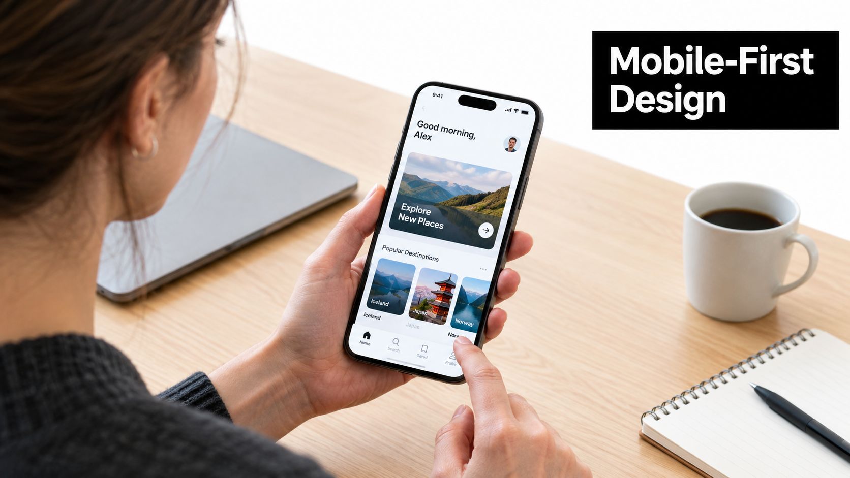 A person holding a smartphone showing a travel app interface while sitting at a wooden desk.