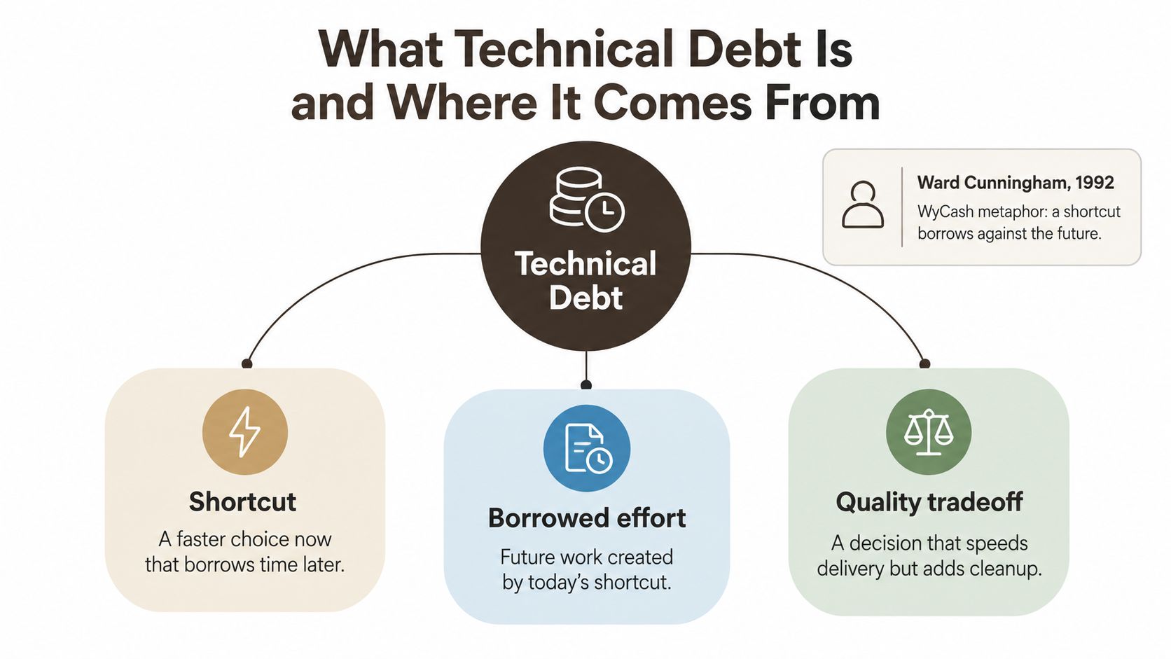 A diagram explaining technical debt, showing origins like shortcuts, borrowed effort, and quality tradeoffs in software development.