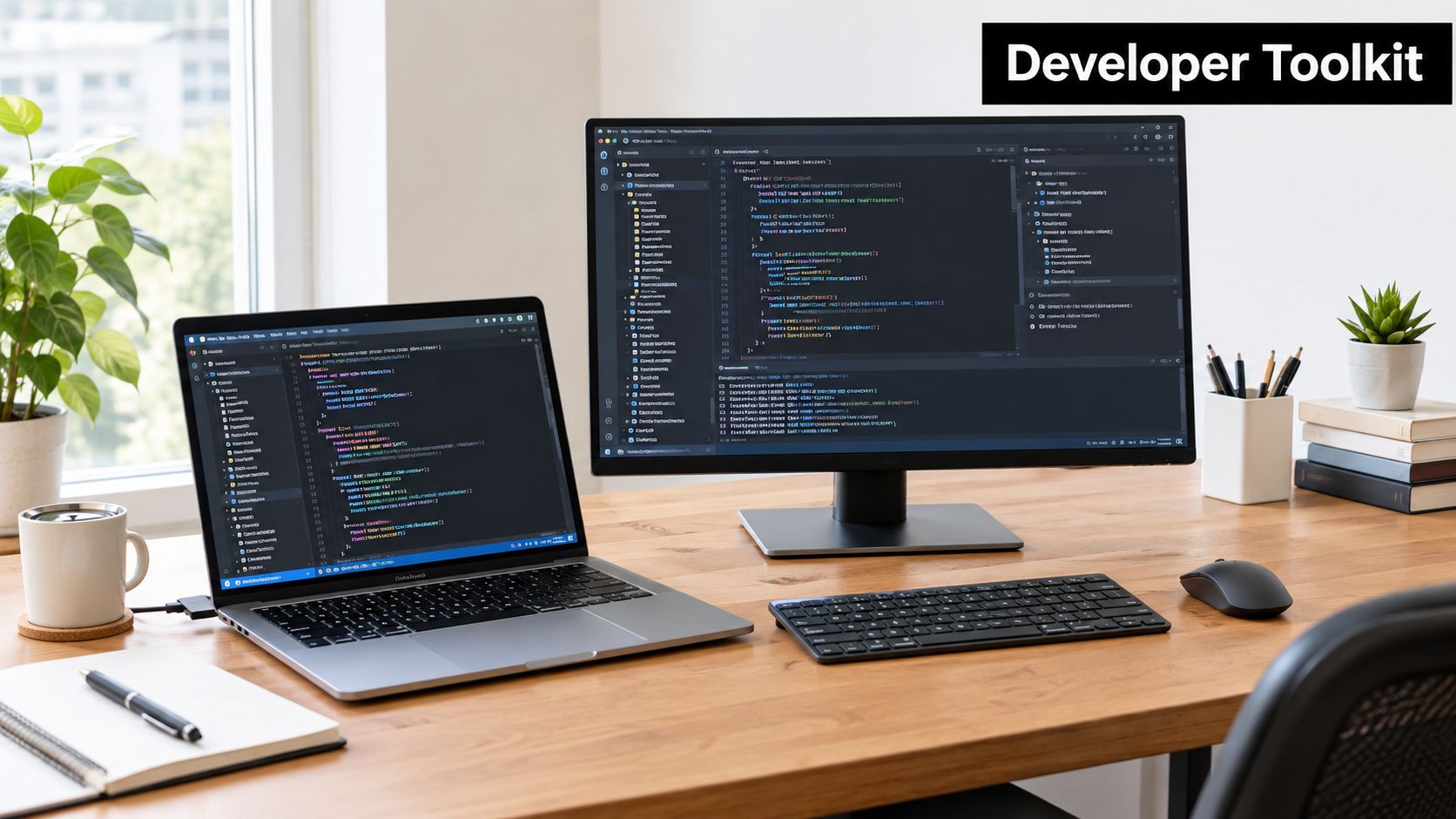 A clean developer workspace featuring a laptop and monitor displaying code, with a plant and office supplies.