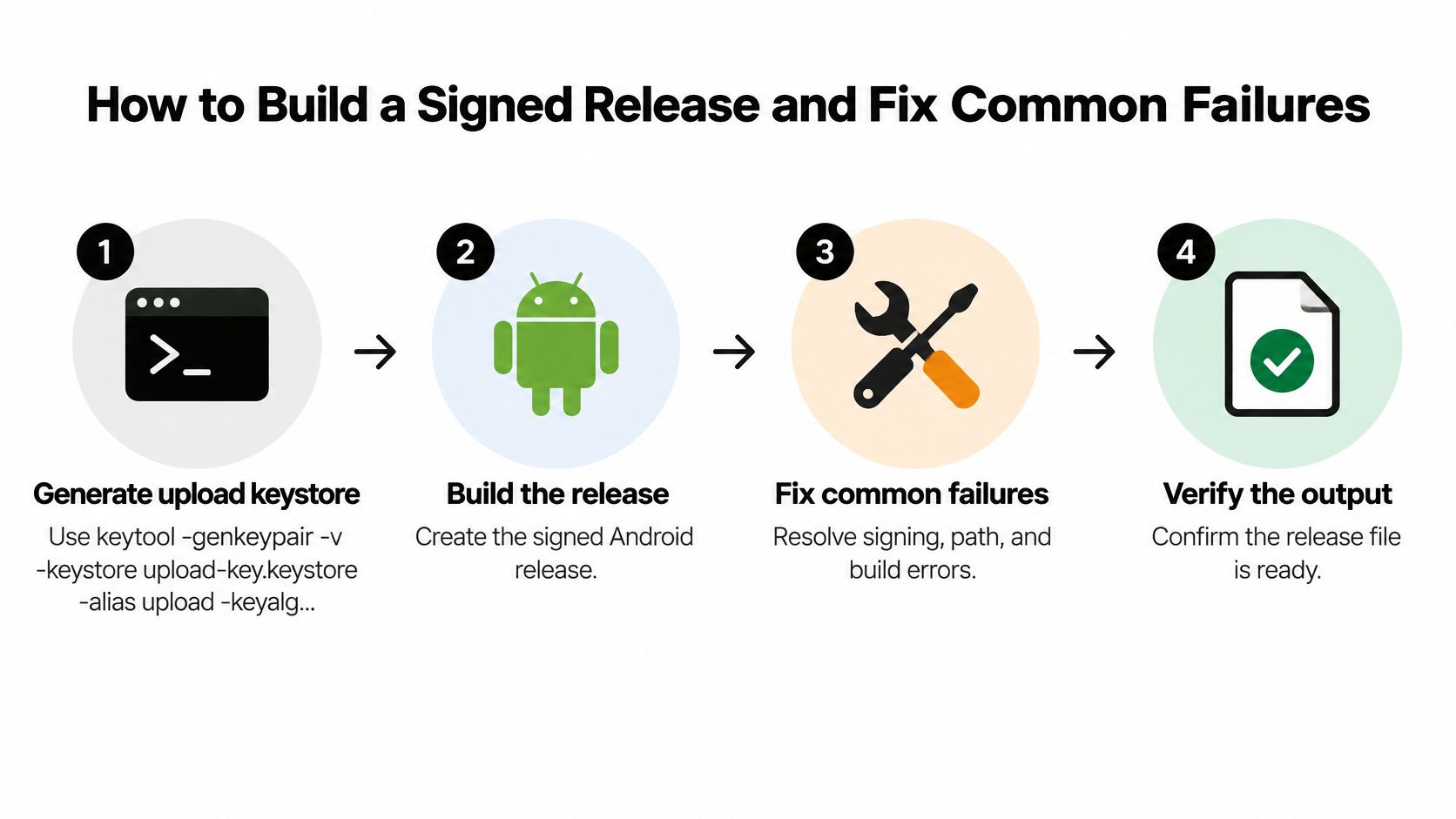 A four-step infographic illustrating the process of building and signing an Android release for a mobile application.