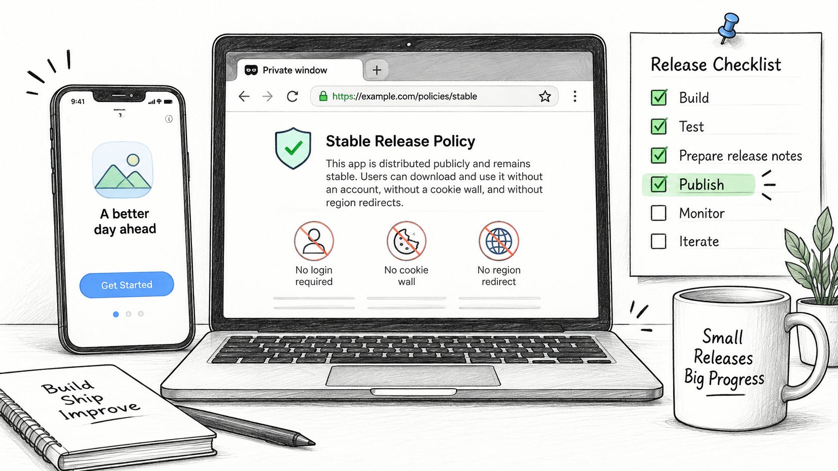 A digital illustration of a workspace featuring a phone, laptop, and release checklist demonstrating app privacy standards.