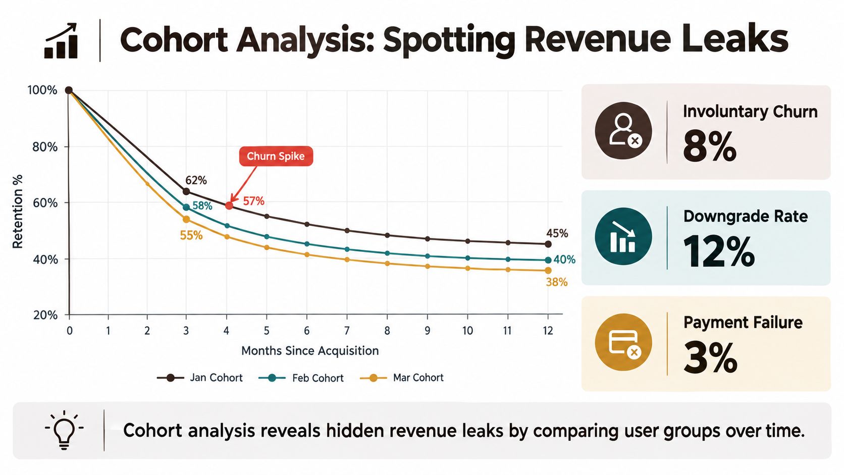 A cohort analysis line chart visualizing user retention trends and identifying revenue leaks over twelve months.