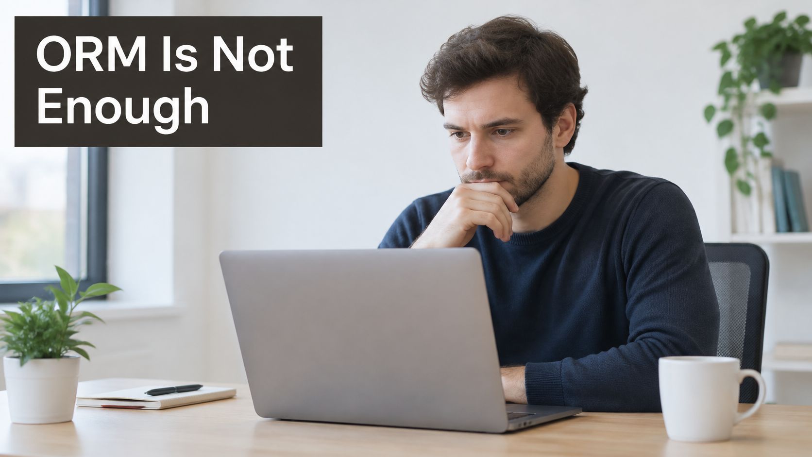 A focused man sitting at a desk looking at his laptop screen in a modern office.