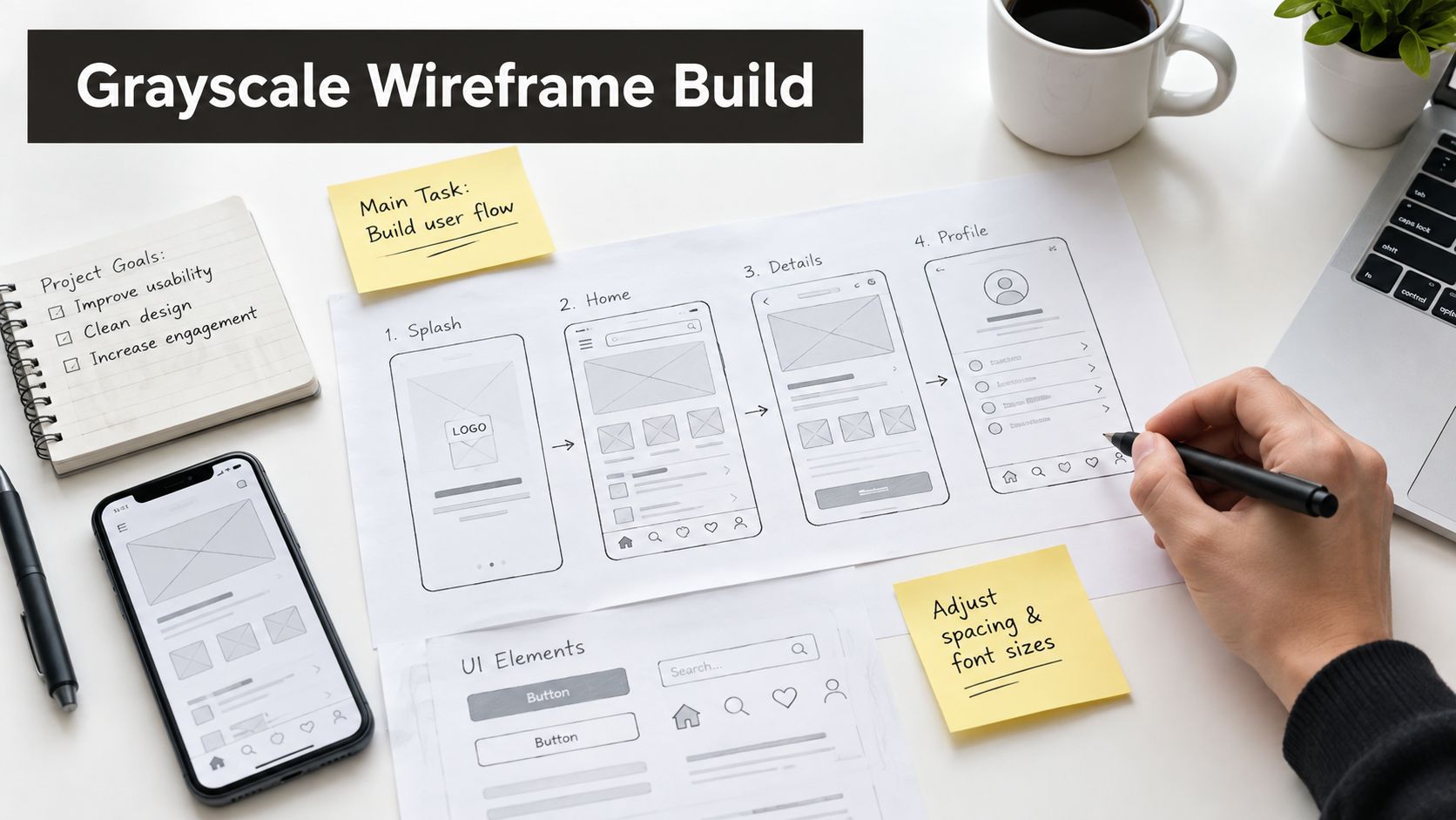 A hand sketching a mobile app user flow wireframe on paper with post-it notes and devices.
