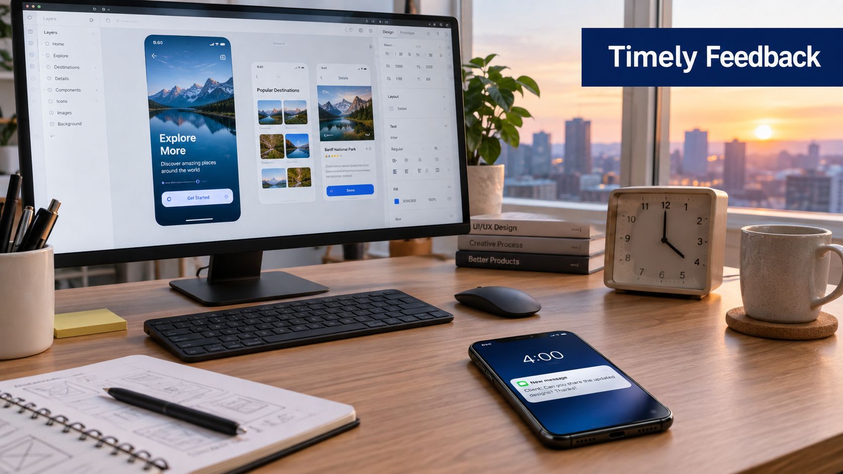 A professional designer workstation featuring a computer monitor with UI design software and a smartphone displaying messages.