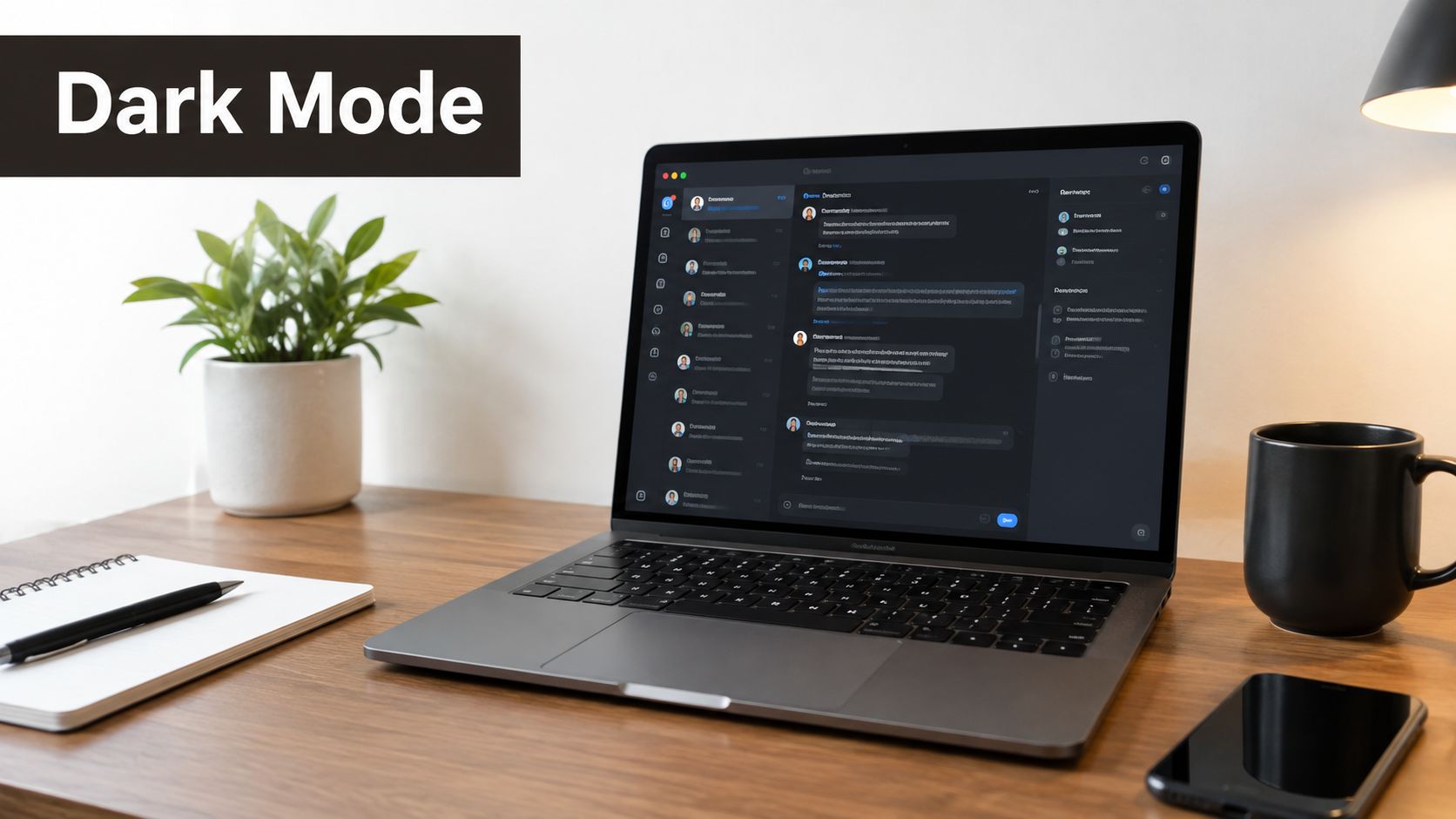 A modern desk featuring a laptop displaying a dark mode chat interface, beside a plant and notebook.