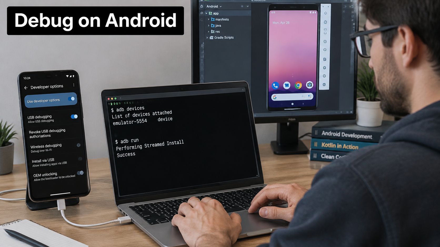 A developer working on an Android application using a laptop, mobile phone, and external monitor setup.