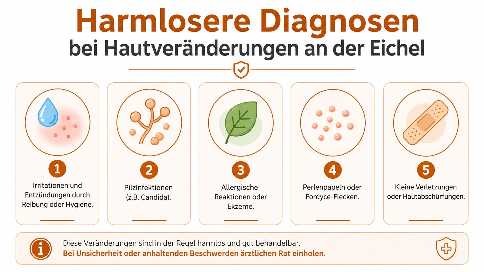 Eine Infografik, die fünf harmlose Diagnosen bei Hautveränderungen an der Eichel und deren Ursachen übersichtlich darstellt.