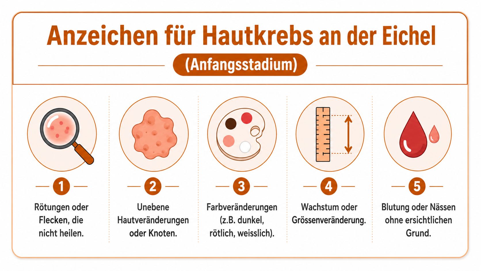 Infografik mit fünf Anzeichen für Hautkrebs an der Eichel im Anfangsstadium, dargestellt durch Symbole und kurze Erklärungen.