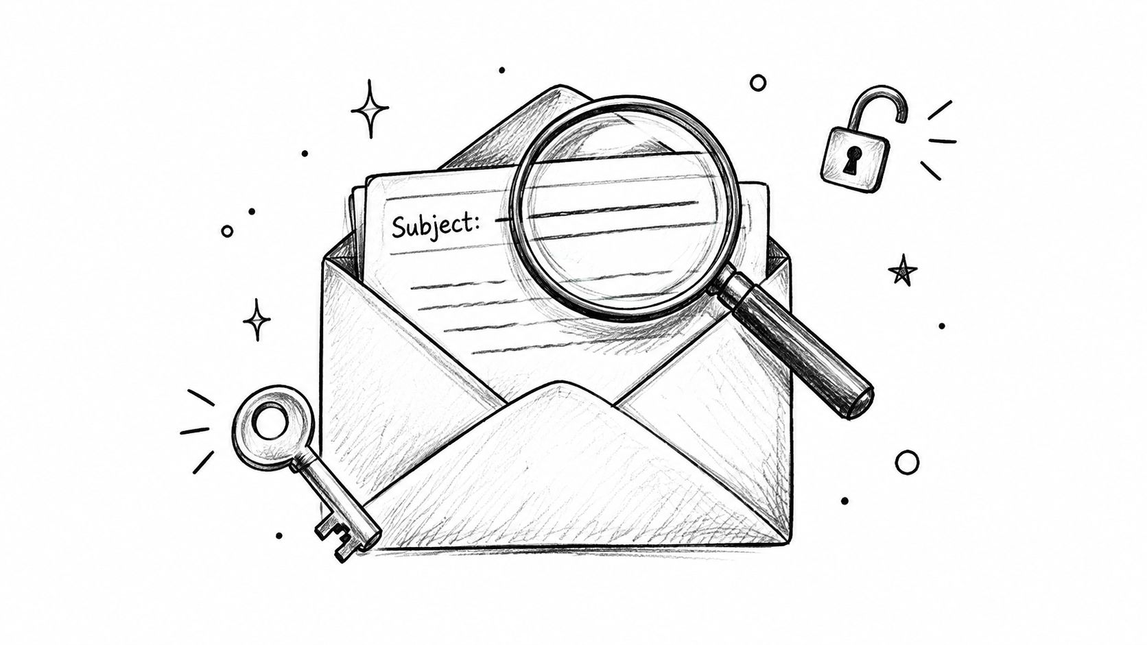 Eine handgezeichnete Illustration eines offenen Briefumschlags mit Lupe, Schlüssel und einem Schloss für E-Mail-Sicherheit.