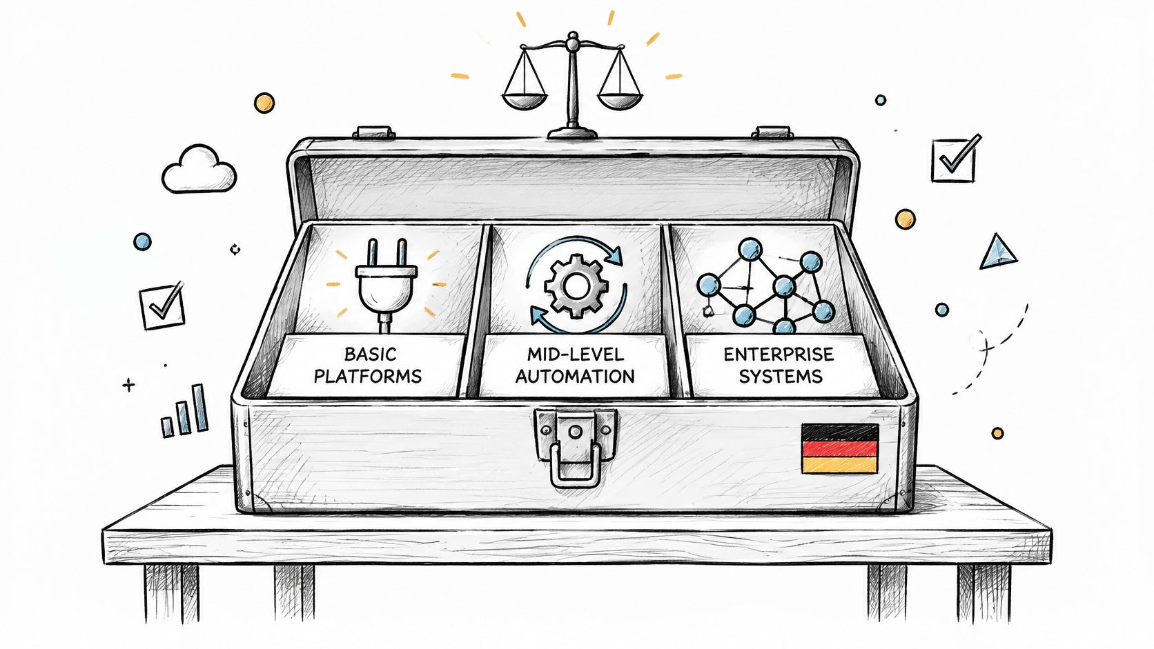 Eine illustrierte Werkzeugkiste mit Symbolen für Basisplattformen, Automatisierung und Unternehmenssysteme auf einem Holztisch, gezeichnet im Skizzenstil.