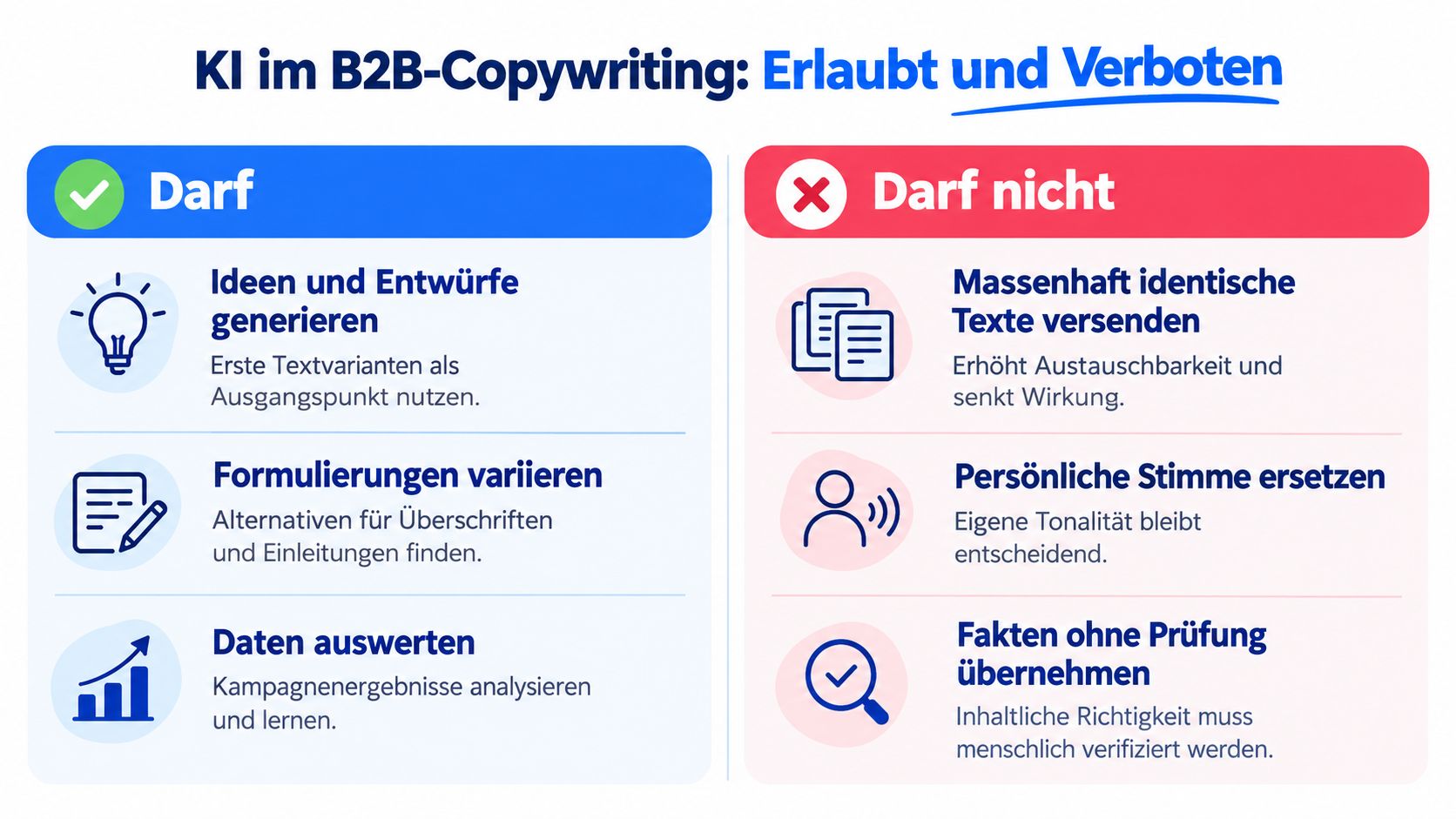 Eine Infografik zur Nutzung von KI im B2B-Copywriting mit einer Übersicht erlaubter und verbotener Praktiken für Marketer.
