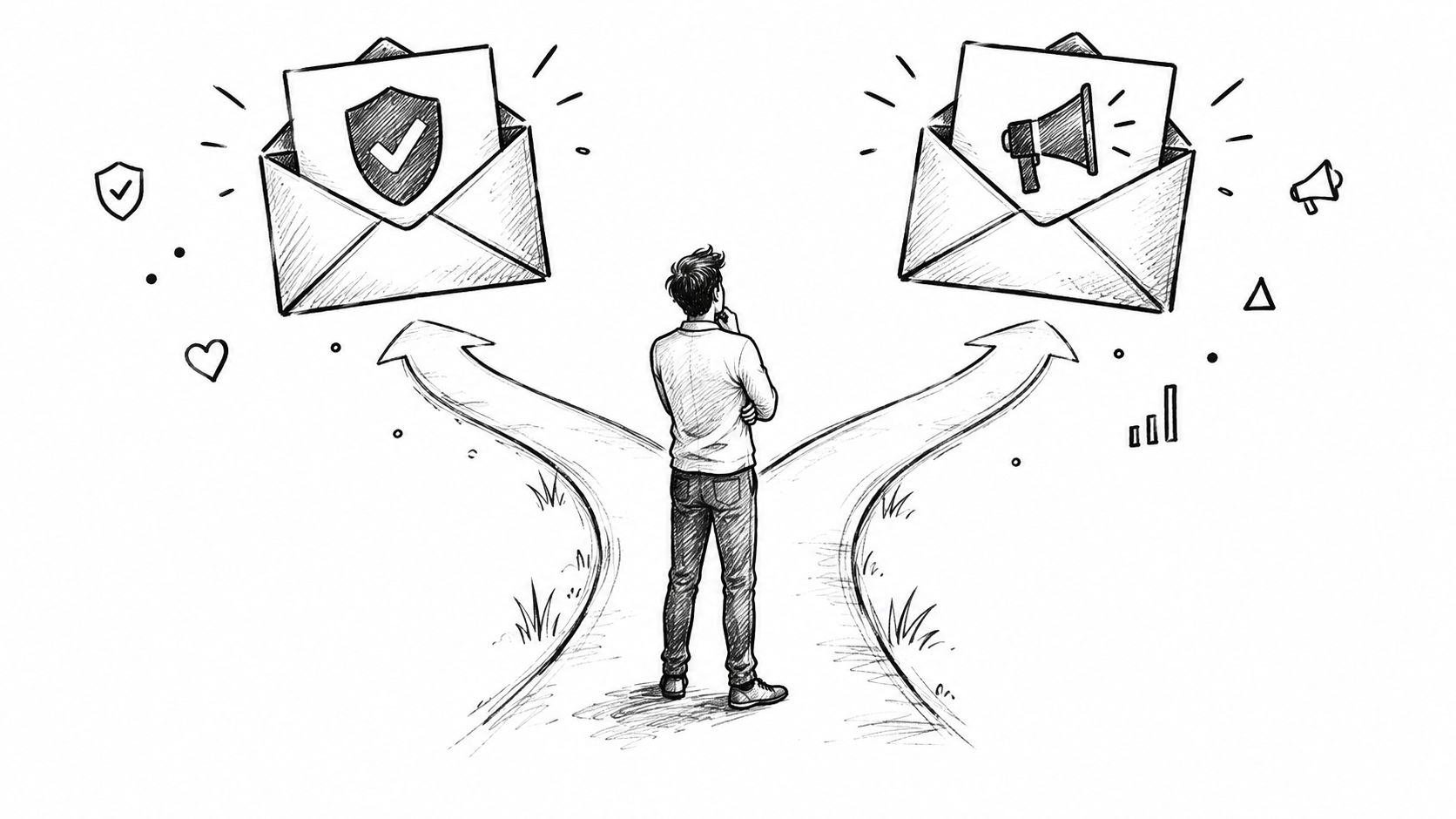Ein Mann steht vor einer Weggabelung zwischen sicherer E-Mail-Kommunikation mit Schutzsymbol und werblicher E-Mail mit Lautsprecher.