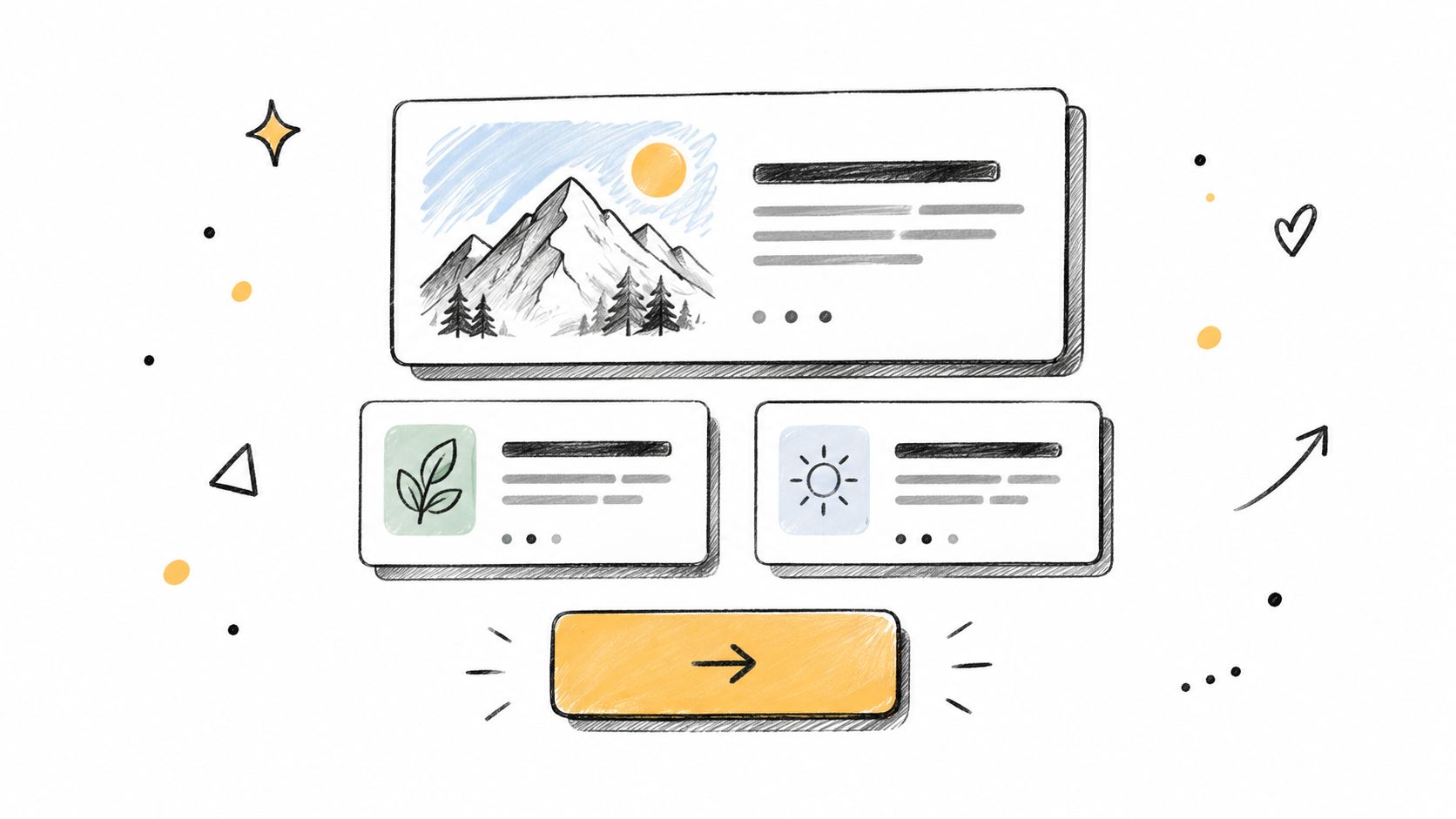 Eine handgezeichnete Illustration zeigt drei Infokarten und einen Button, ideal für E-Mail-Marketing-Layouts und visuelle Inhaltsplanung.