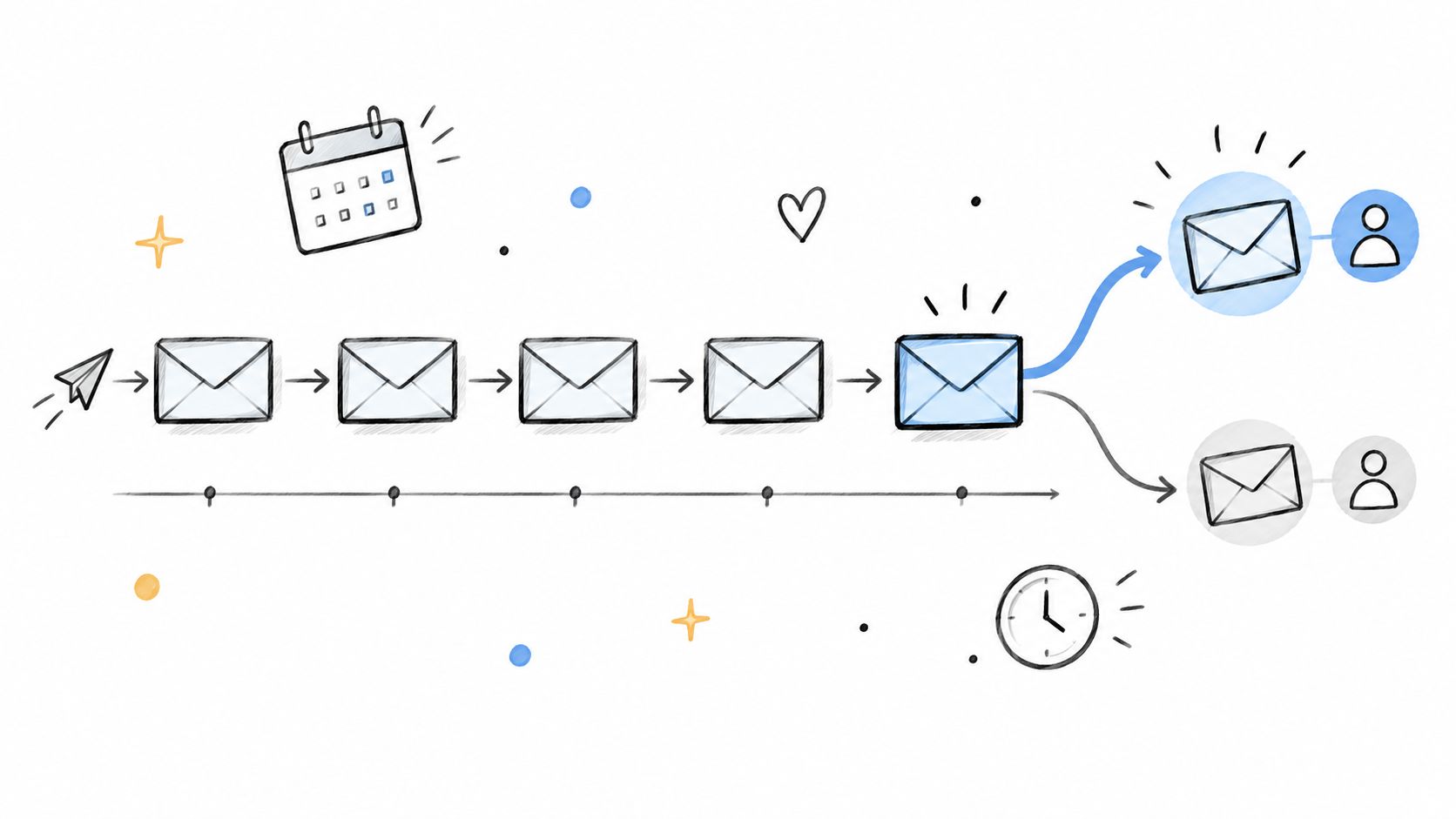 Eine handgezeichnete Illustration zeigt einen E-Mail-Marketing-Workflow mit einem Zeitstrahl und einer Segmentierung der Zielgruppe.