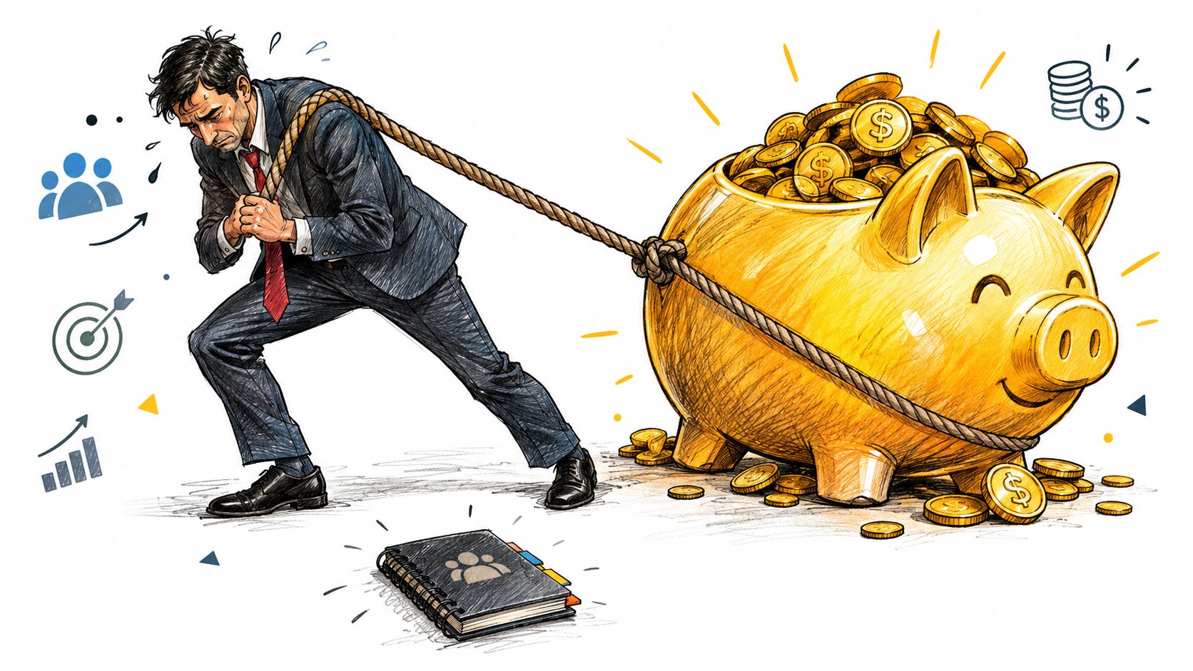Ein erschöpfter Geschäftsmann zieht ein großes, schweres goldenes Sparschwein mit einem Seil durch die Arbeit.