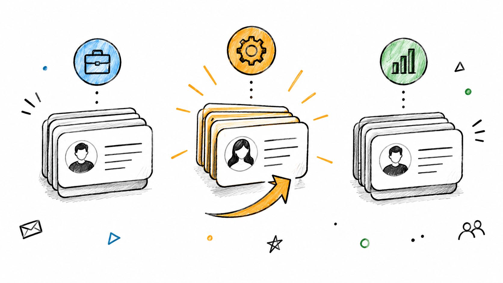 Stilisierte Illustration von drei Stapeln mit Identitätskarten, die berufliche Fähigkeiten, technische Prozesse und analytische Daten symbolisieren.