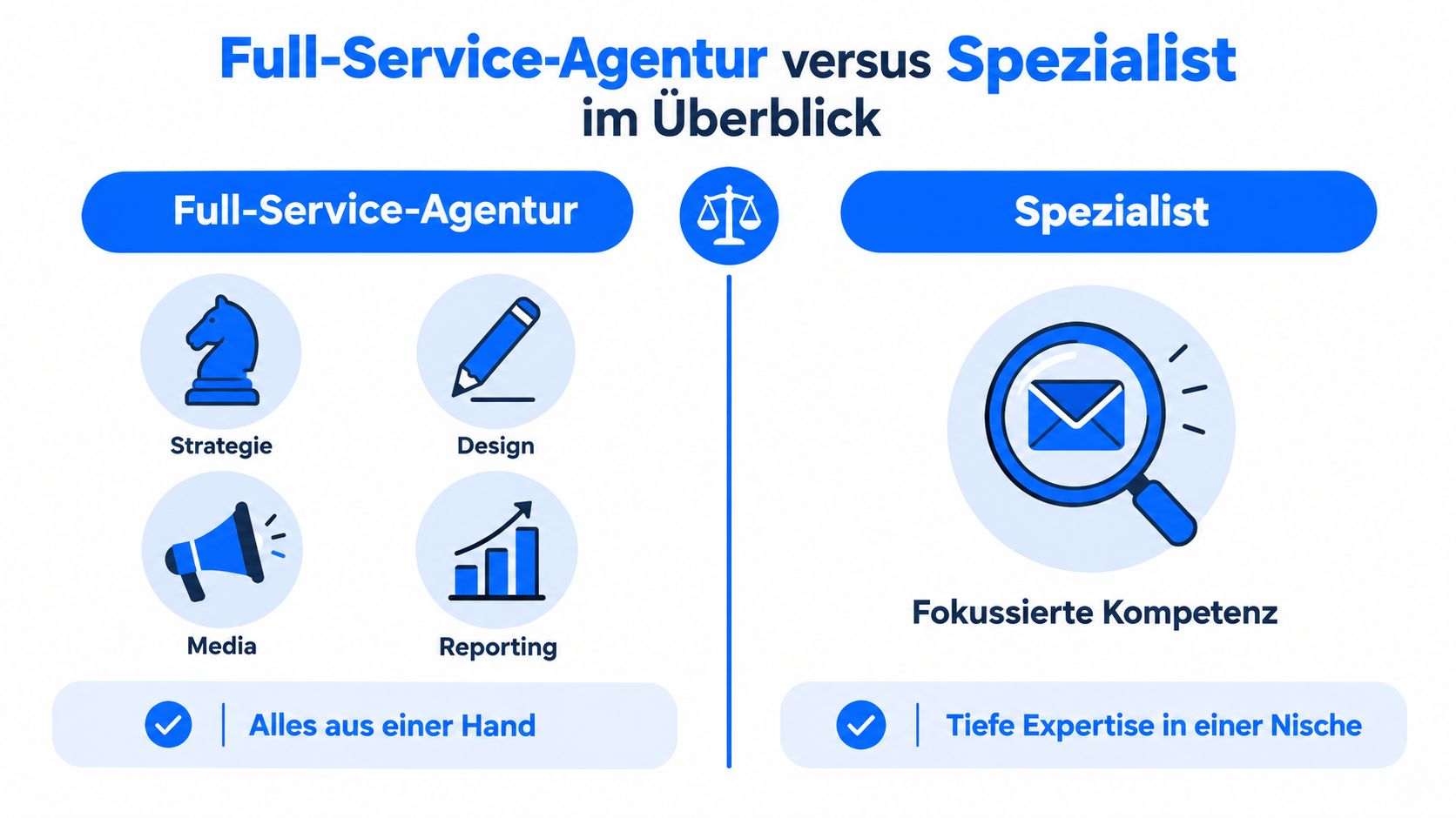 Vergleichsgrafik zwischen Full-Service-Agentur und spezialisierter Marketing-Agentur mit Fokus auf Strategie, Design, Media, Reporting und Nischenexpertise.