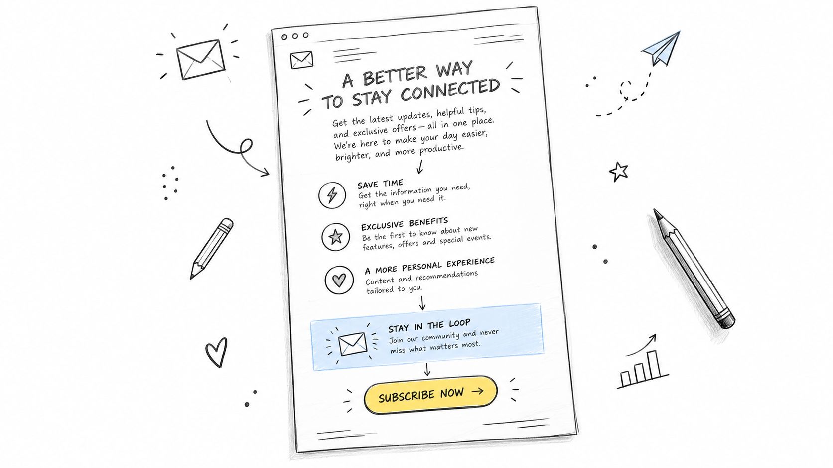 Eine illustrierte Landingpage für ein E-Mail-Abonnement mit dem Titel Ein besserer Weg in Verbindung zu bleiben.