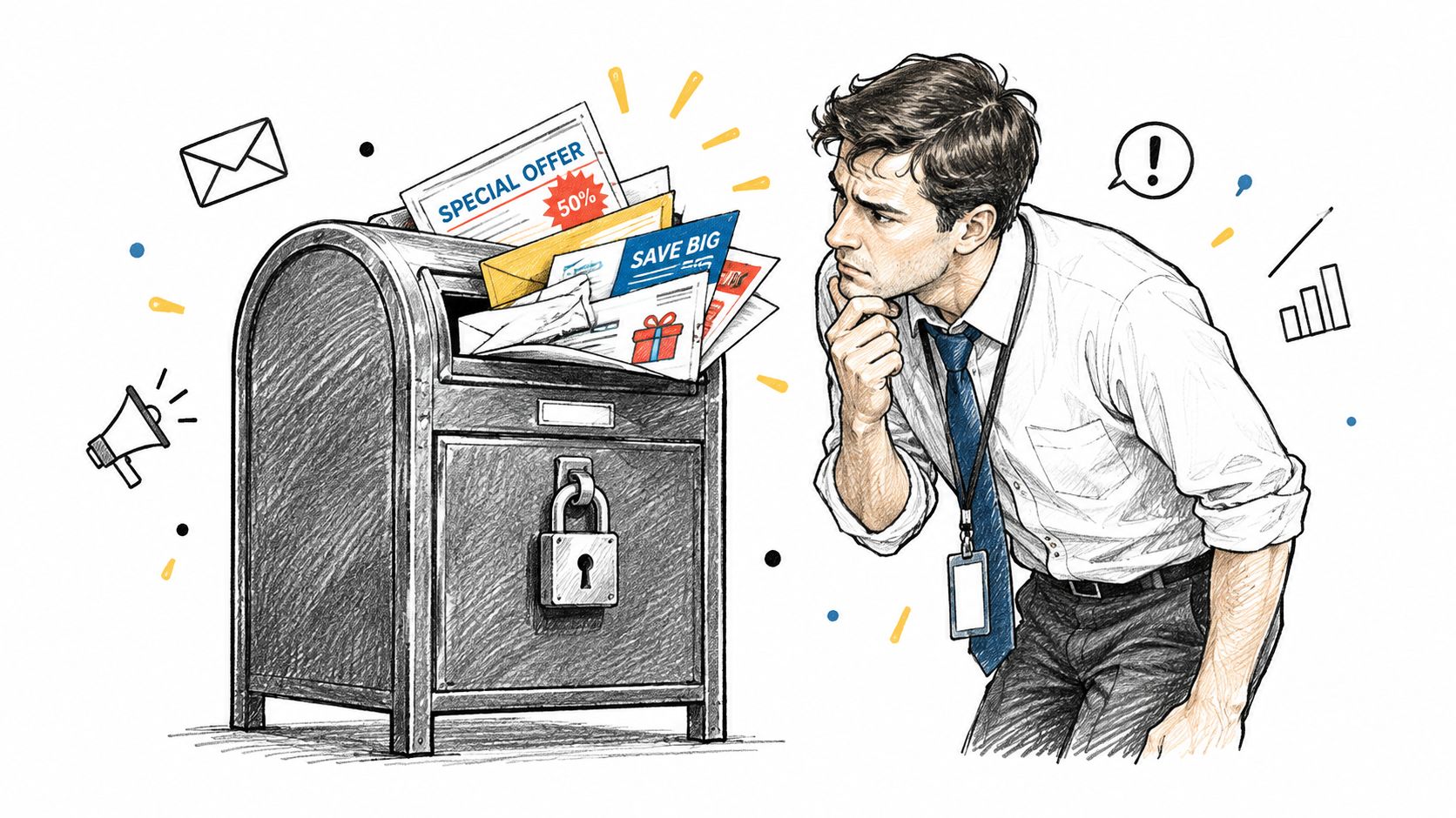 Ein nachdenklicher Geschäftsmann betrachtet skeptisch eine mit Werbepost und Marketing-Angeboten überfüllte Mailbox auf einem illustrierten Hintergrund.