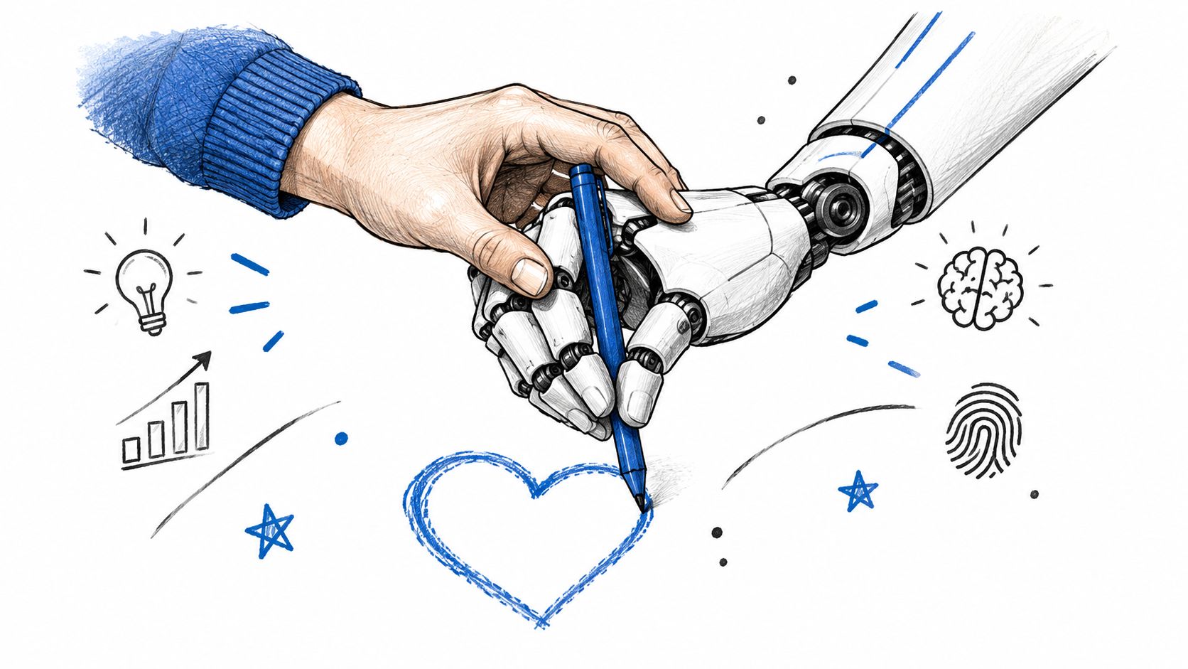 Eine menschliche Hand und eine Roboterhand zeichnen gemeinsam ein blaues Herz mit einem Stift auf Papier.
