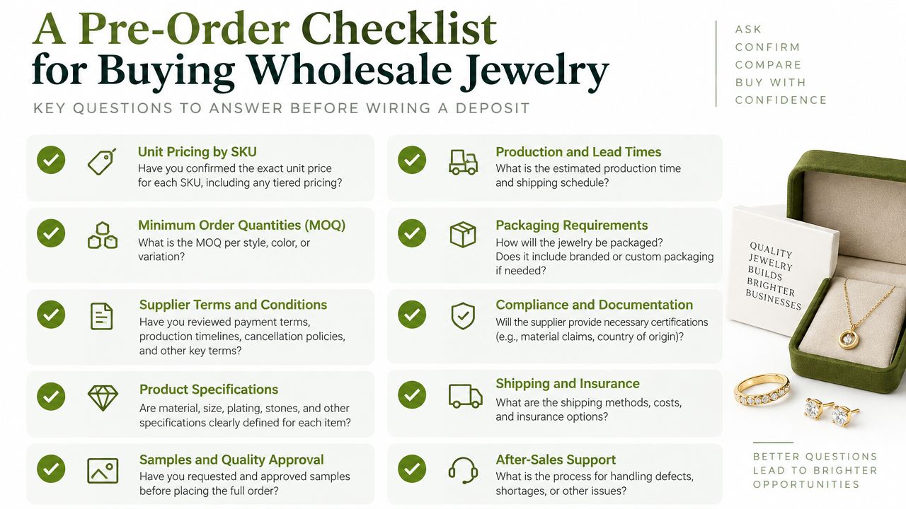 A comprehensive checklist for purchasing wholesale jewelry, outlining key questions and considerations for business owners and retailers.