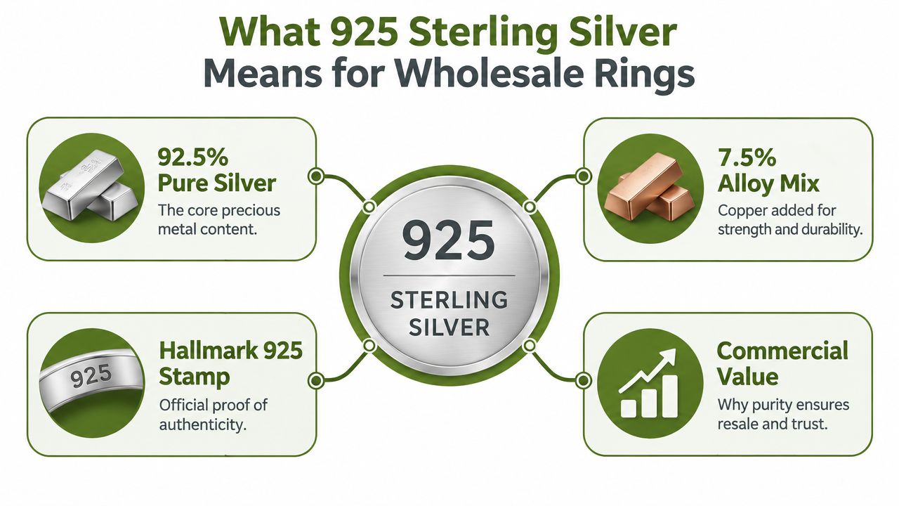 An infographic explaining that 925 sterling silver consists of 92.5 percent silver and 7.5 percent alloy mix.