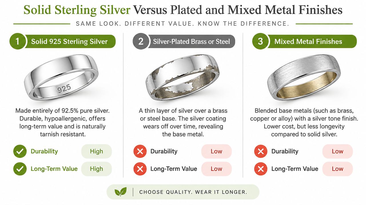 A comparison graphic showing the durability and value of solid sterling silver versus plated and mixed metal rings.