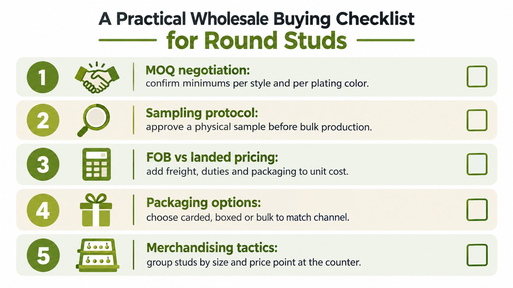 A five-step professional wholesale buying checklist for round stud earrings with icons and descriptive text.