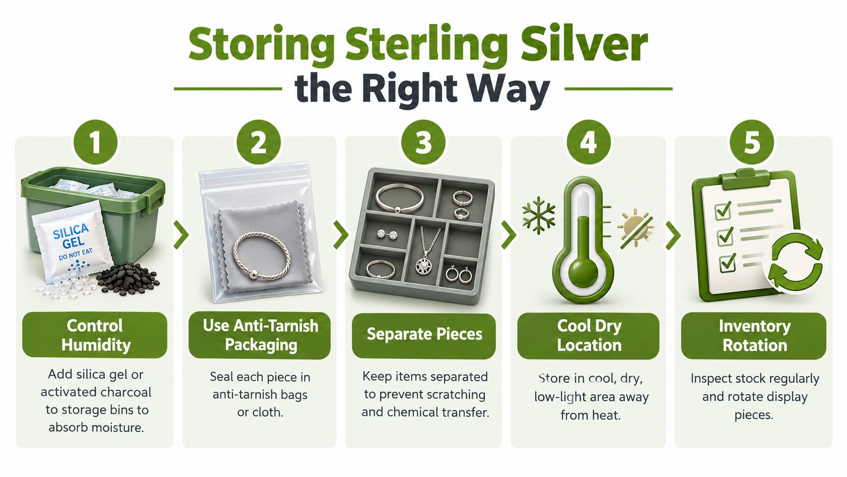 An infographic illustrating five essential steps for storing sterling silver to prevent it from tarnishing.