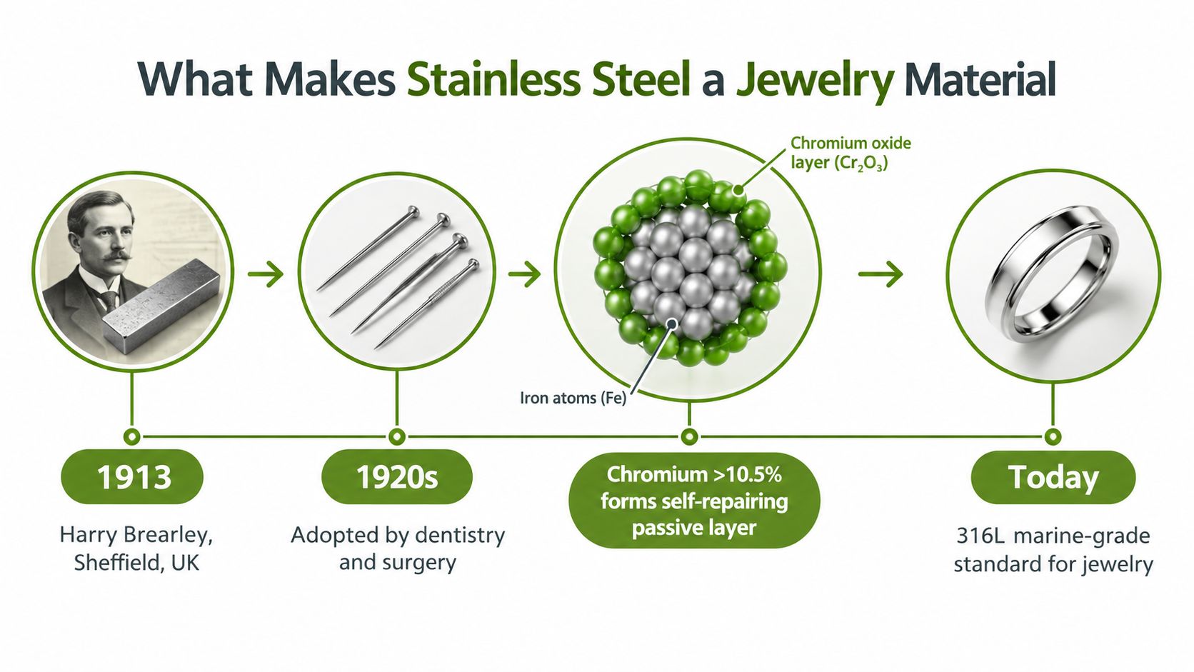 A timeline graphic illustrating the historical development and chemical composition of stainless steel for modern jewelry.
