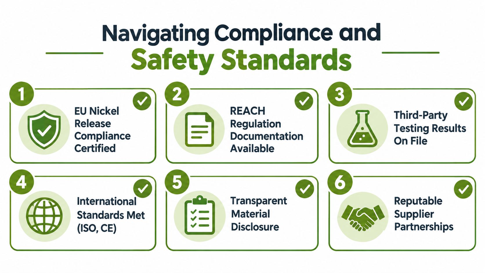 A six-point infographic illustrating compliance and safety standards for stainless steel products, including certifications and testing.