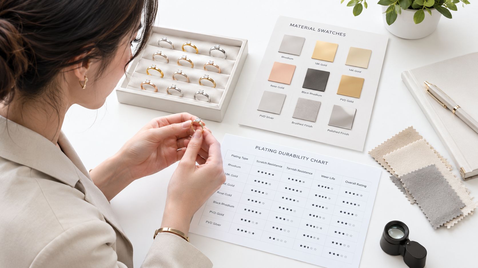 A jewelry designer examining a diamond ring while reviewing material swatches and a plating durability chart.
