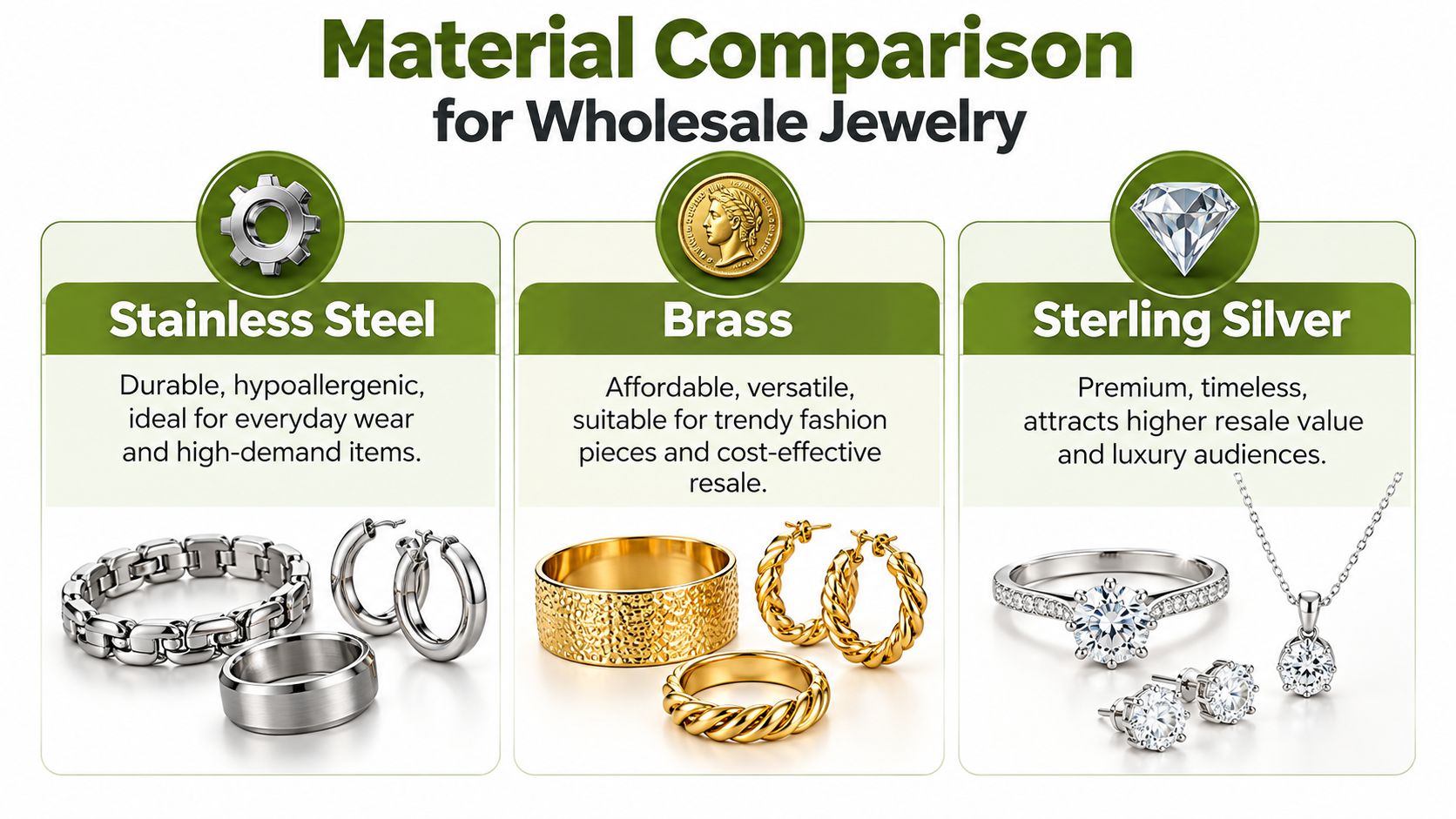 A comparison chart of stainless steel, brass, and sterling silver materials used for wholesale jewelry production.