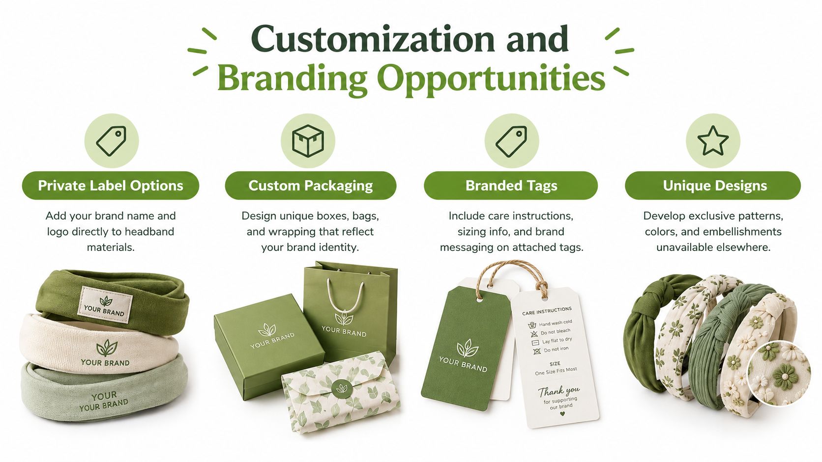 A marketing graphic showing various branding and customization options for wholesale custom headbands and packaging.