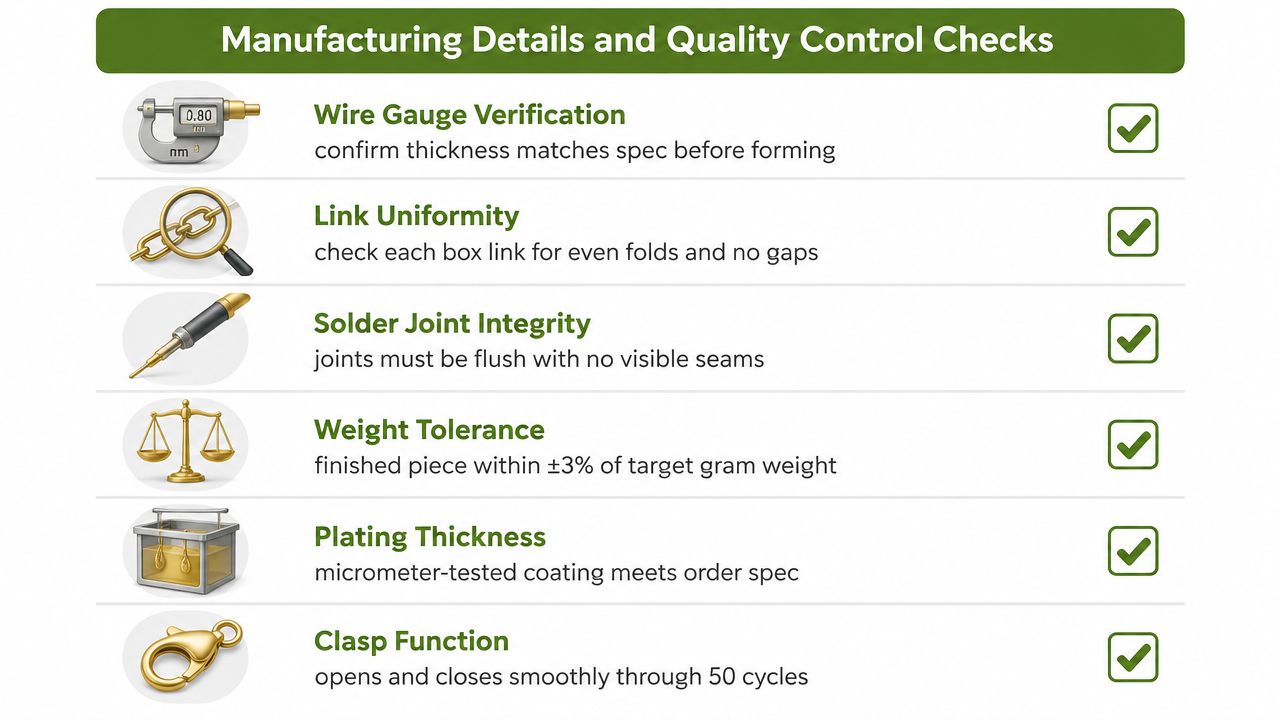 A quality control infographic showing the six manufacturing steps and inspections for a square chain necklace.