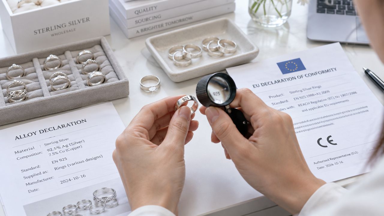 A quality inspector examines a sterling silver ring with a magnifying glass beside certification documents.