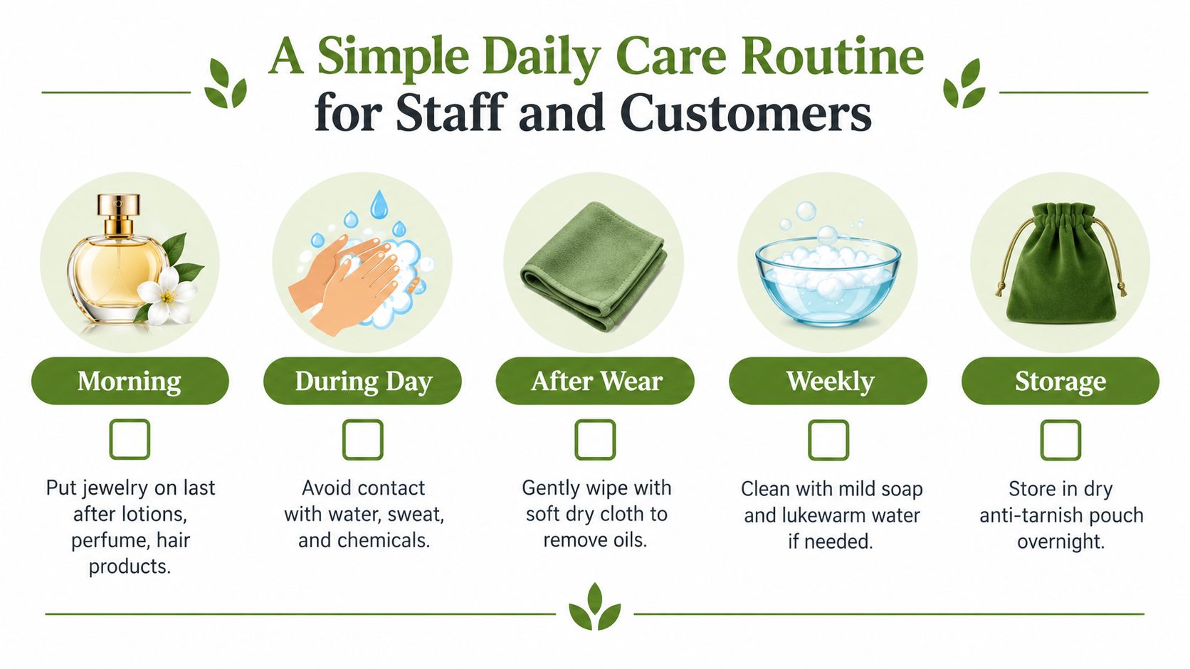 A simple daily jewelry care routine chart showing steps for morning application, daily protection, cleaning, and proper storage.
