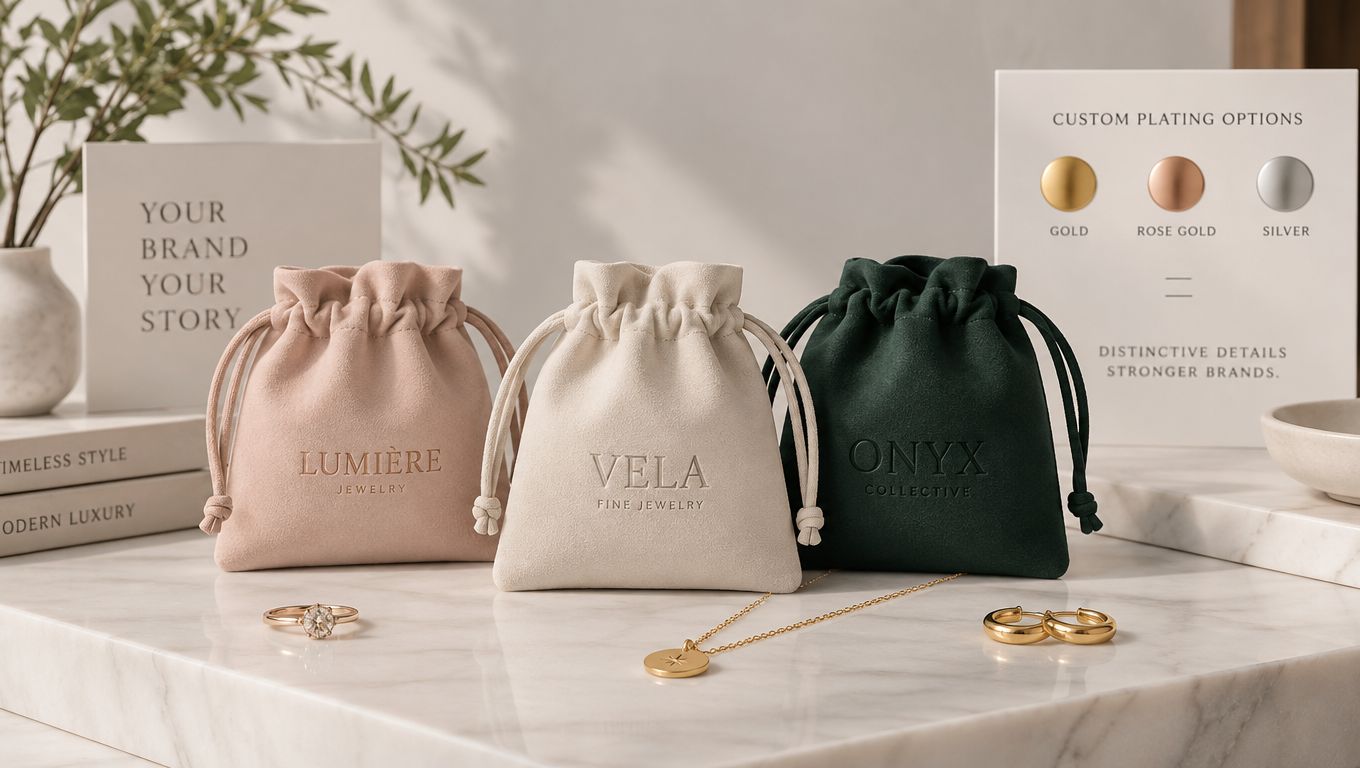 Three elegant velvet jewelry pouches in blush pink, beige, and dark green displayed on a marble surface.