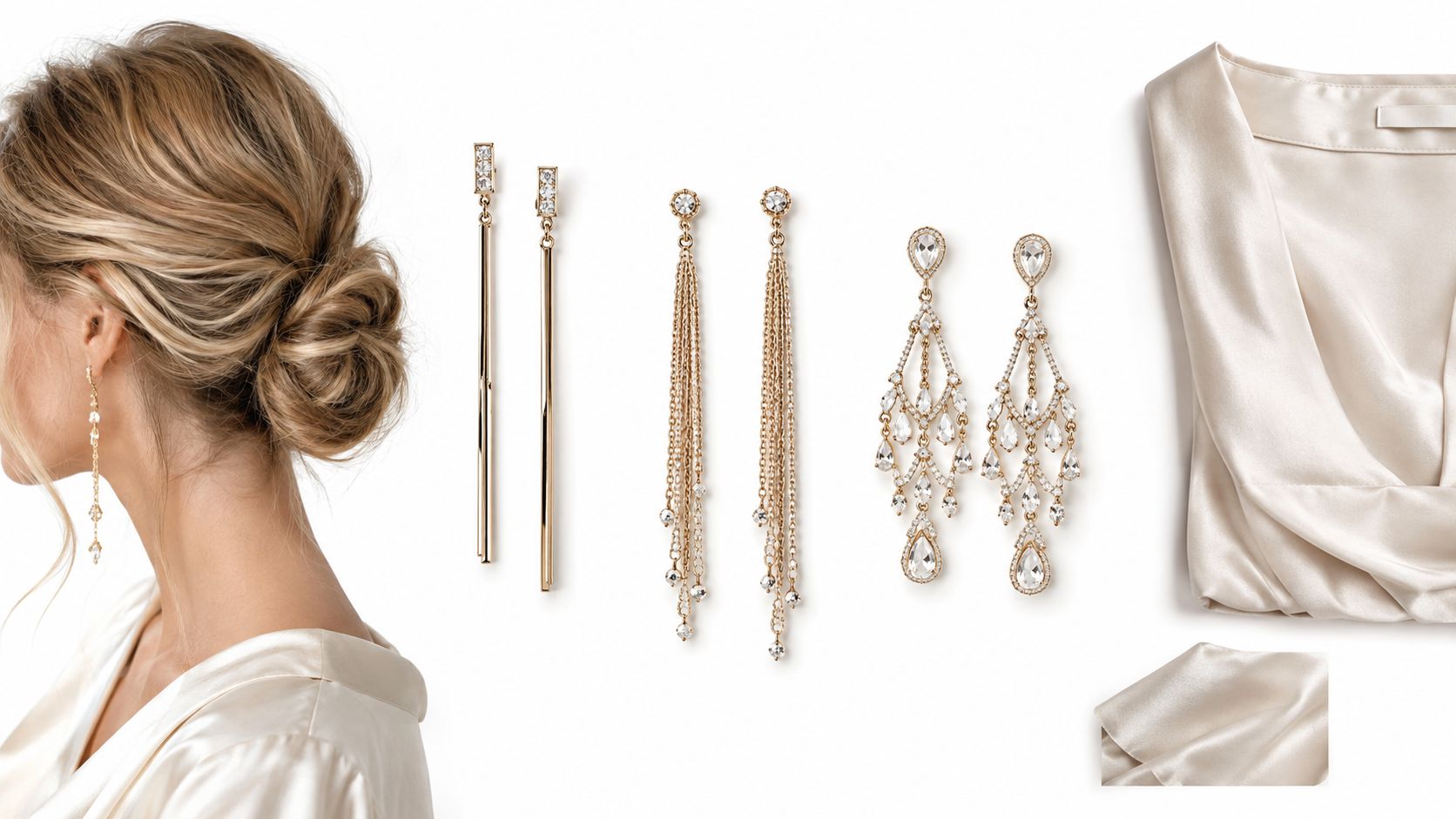 Elegant blonde woman wearing long gold earrings paired with three sets of decorative dangle earrings on display