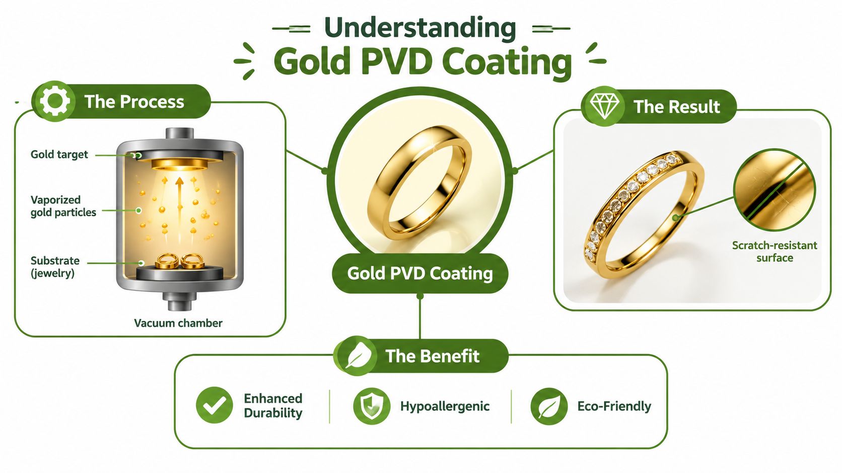 Gold PVD coating process for jewelry showing vacuum deposition over a prepared metal surface.