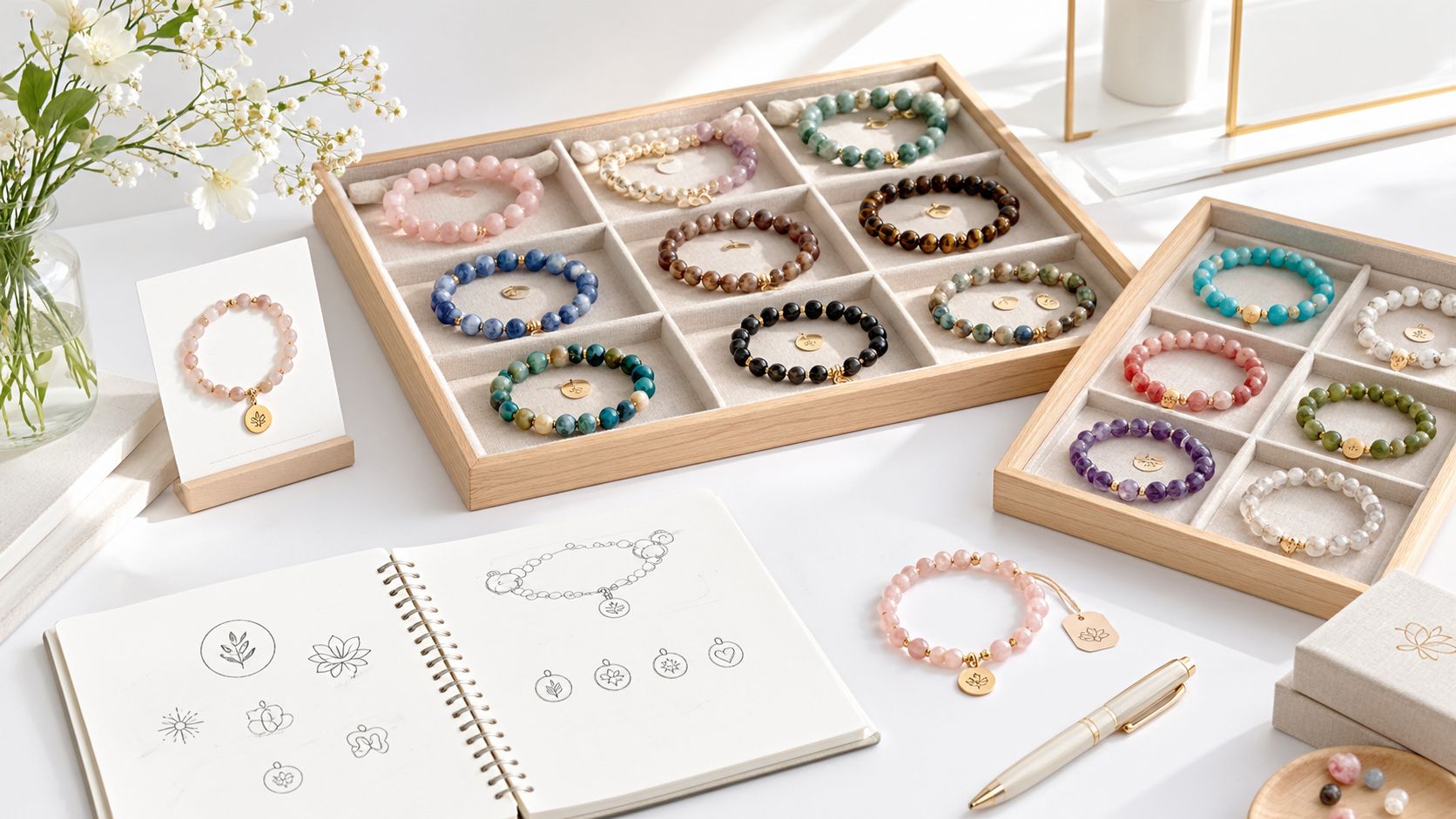 An elegant collection of natural beaded gemstone bracelets displayed on wooden trays alongside sketches and accessories.