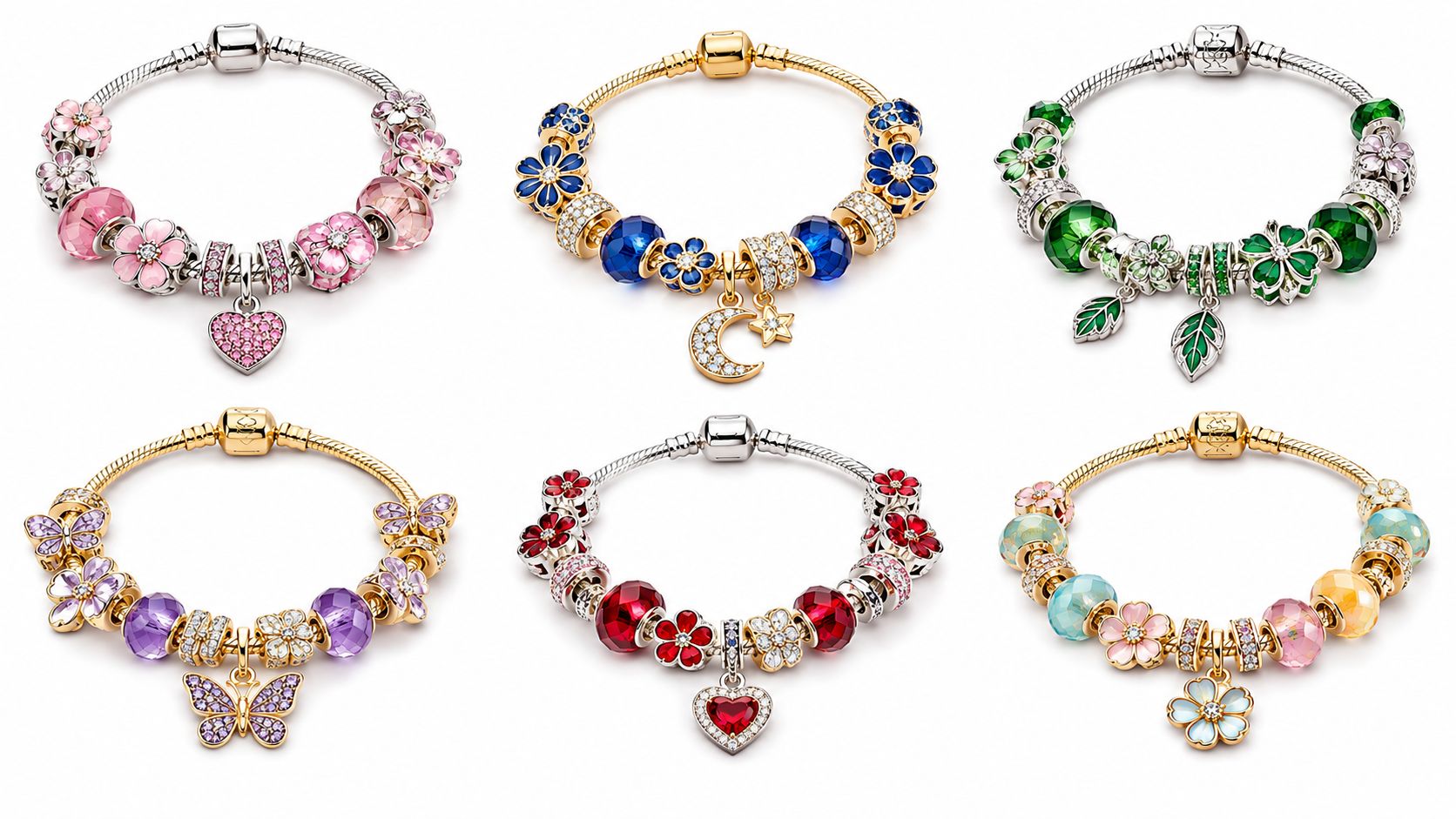 Six chain-style charm bracelets with beads, floral motifs and dangling pendants; shown as an adjacent charm-bracelet style, not a flat Italian-link system.