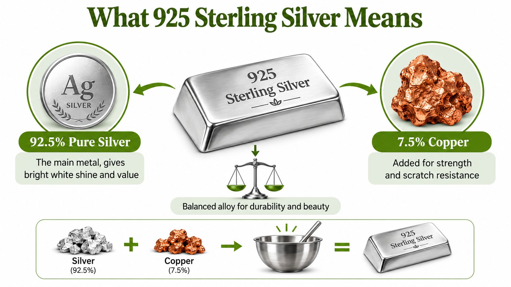 A diagram explaining that 925 sterling silver consists of 92.5% pure silver and 7.5% copper for durability.