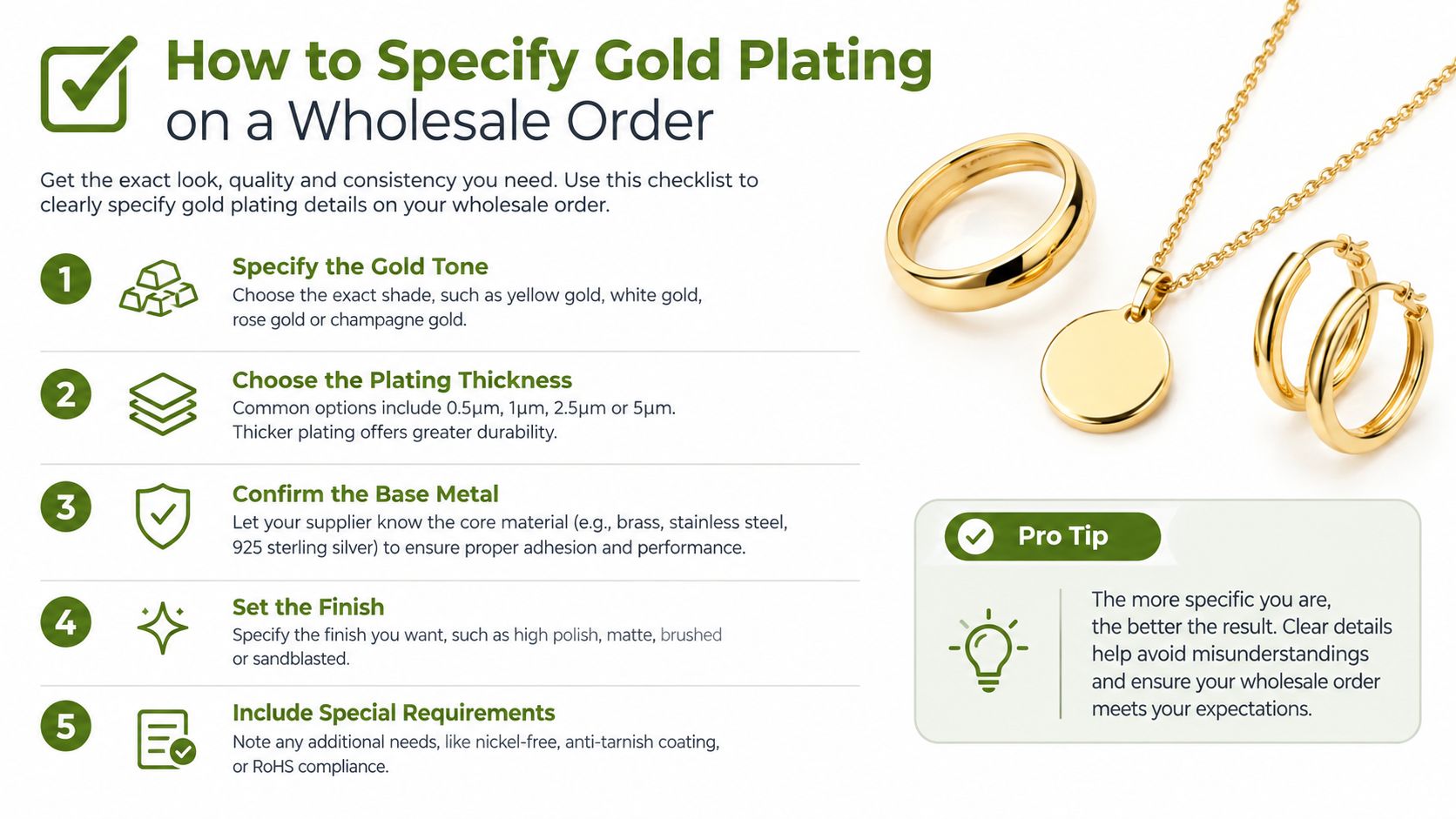An infographic showing a five-step checklist for specifying gold plating details on jewelry wholesale orders.